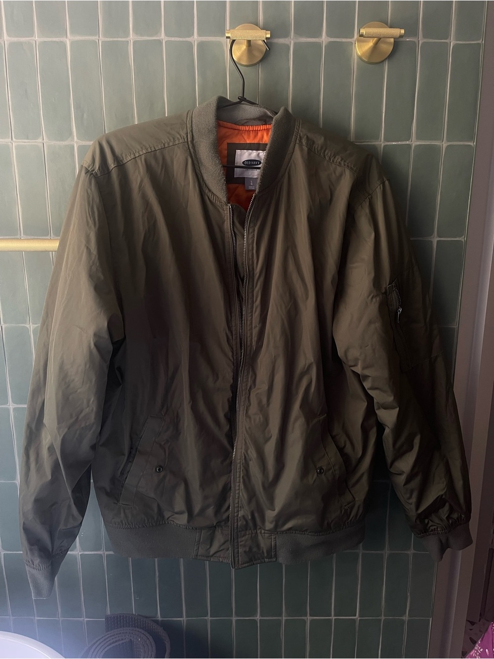 Old Navy Olive Green Bomber Jacket with Orange Lining